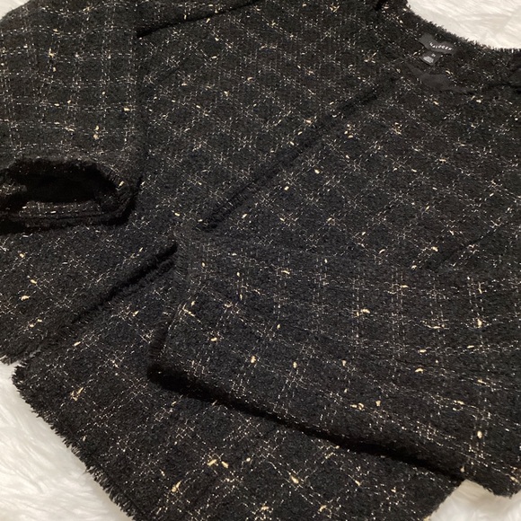 Halogen Women’s Black with Gold Thread Plaid Open Tweed Blazer with Fringes - Picture 4 of 5